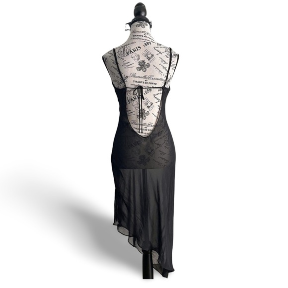 Vintage 90s Black Sheer Mesh Club Dress Open Back Asymmetrical Soft Goth Small - Picture 6 of 7